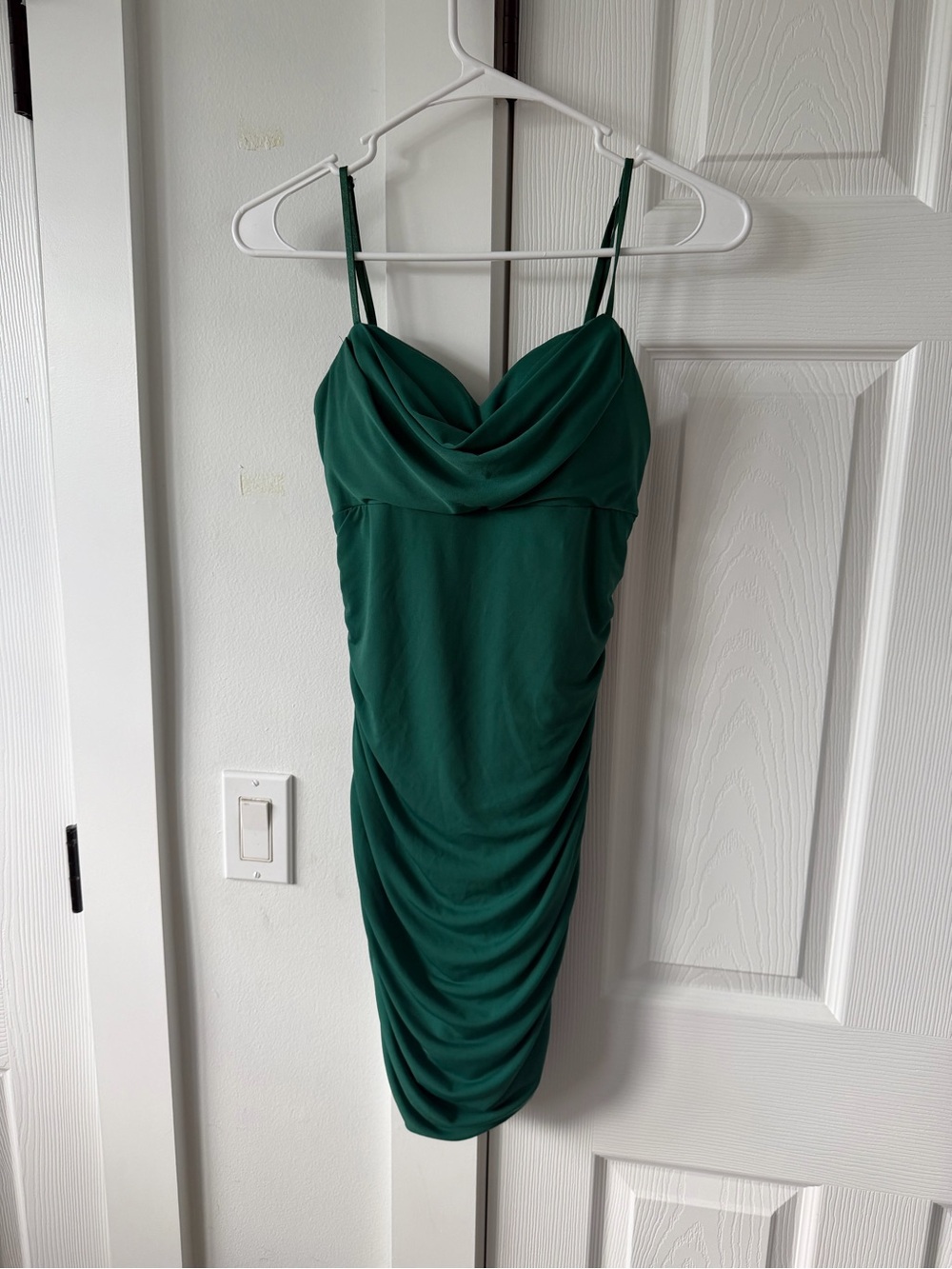 Emerald Sundae Forest Green Cowl Neck Spaghetti Strap Mini Dress